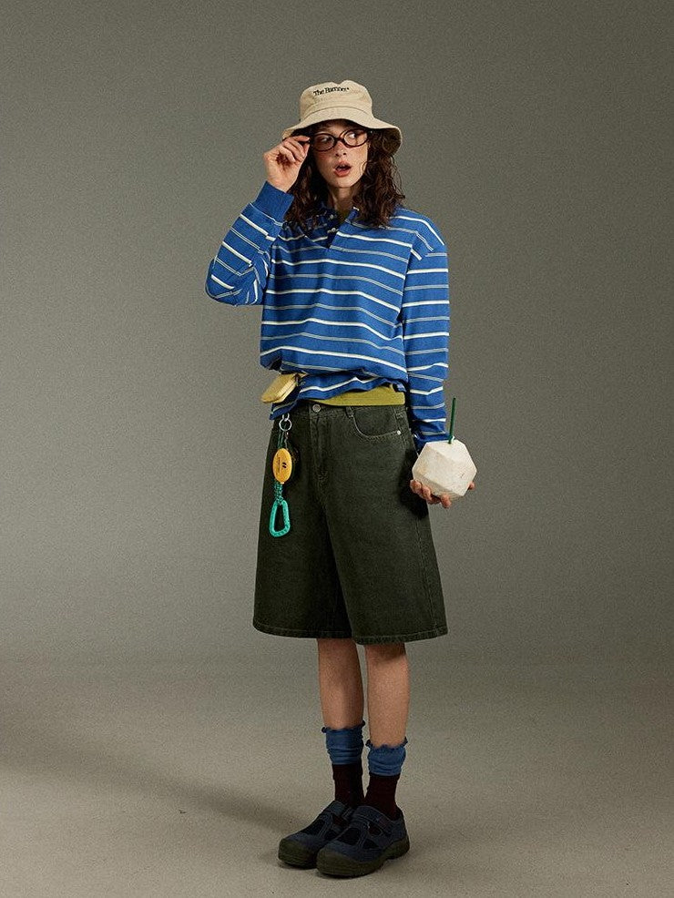 lulugray Vintage Polo Collar Striped Patchwork Women&
