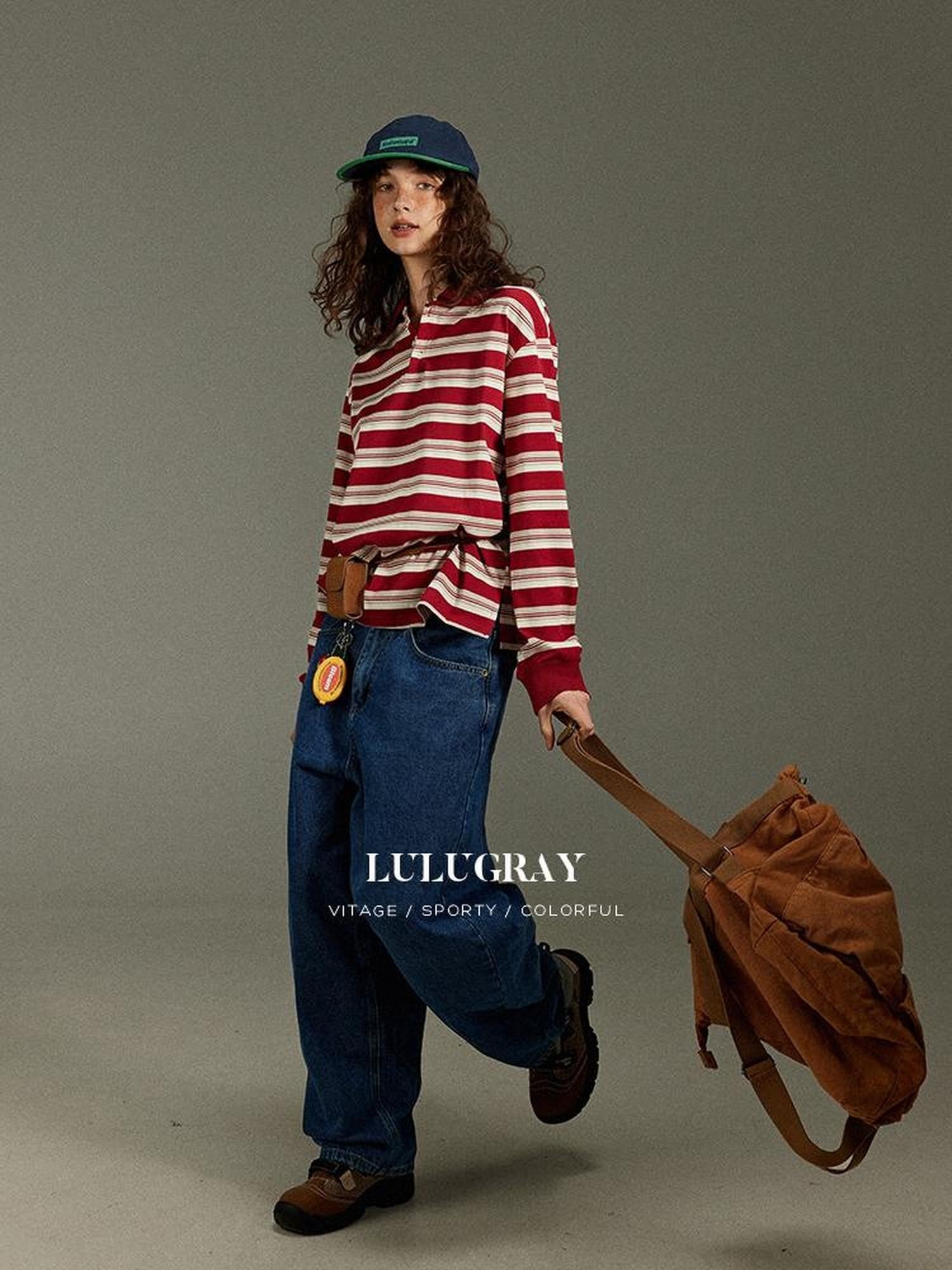 lulugray Vintage Polo Collar Striped Patchwork Women&