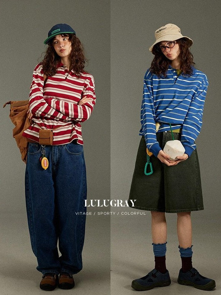 lulugray Vintage Polo Collar Striped Patchwork Women&