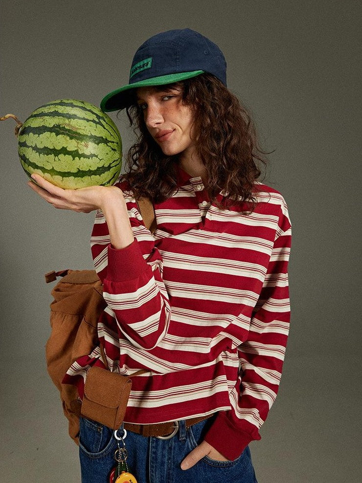lulugray Vintage Polo Collar Striped Patchwork Women&
