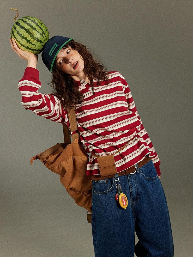 lulugray Vintage Polo Collar Striped Patchwork Women&