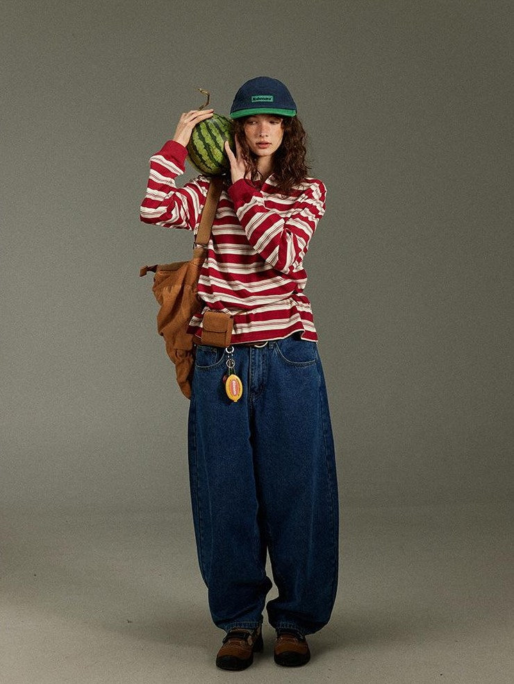 lulugray Vintage Polo Collar Striped Patchwork Women&