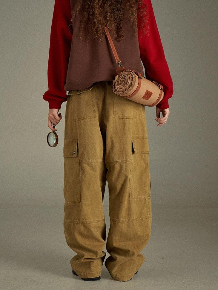 lulugray Vintage Washed Multi Pocket Cargo High Waist Women&