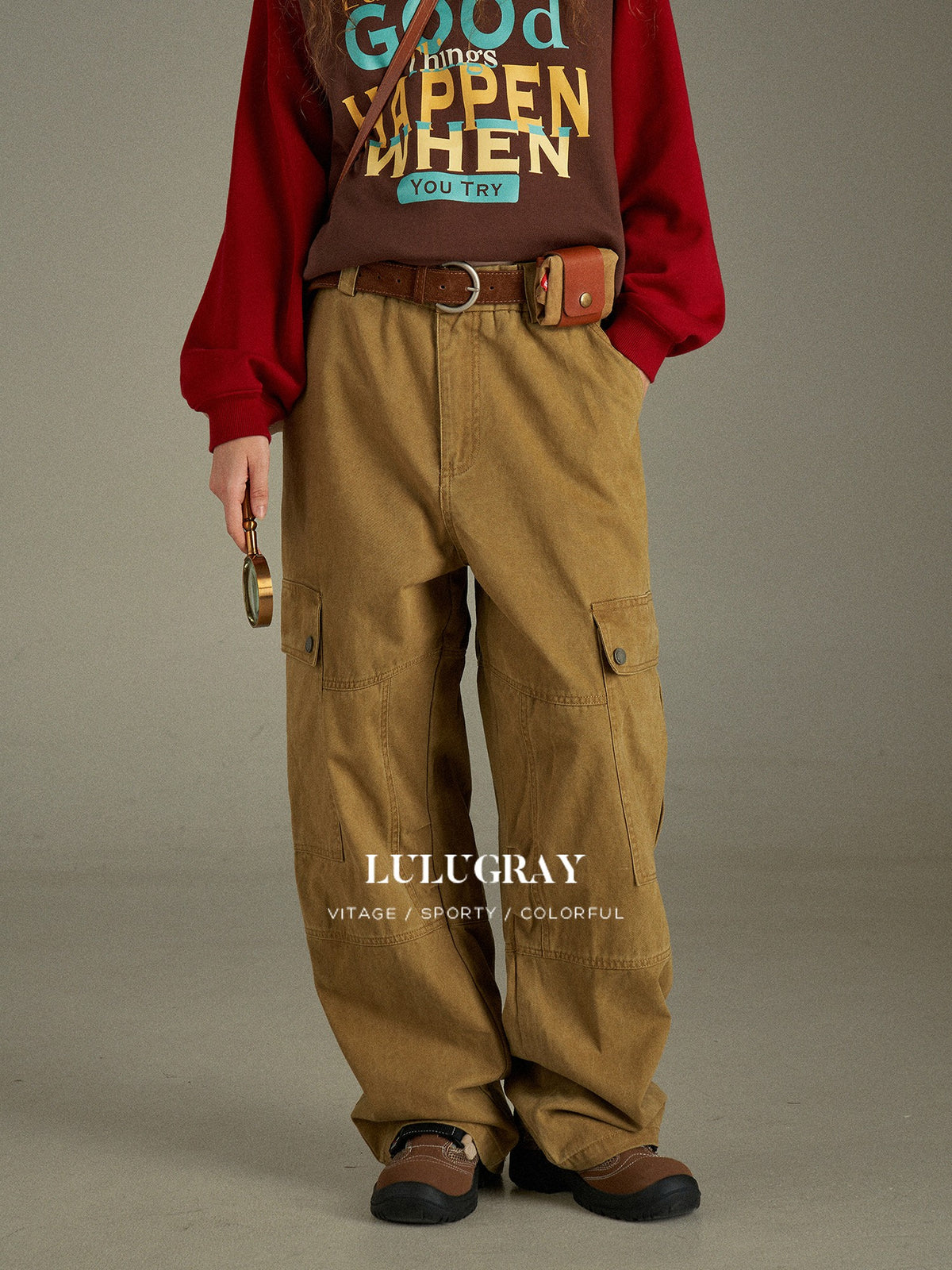 lulugray Vintage Washed Multi Pocket Cargo High Waist Women&