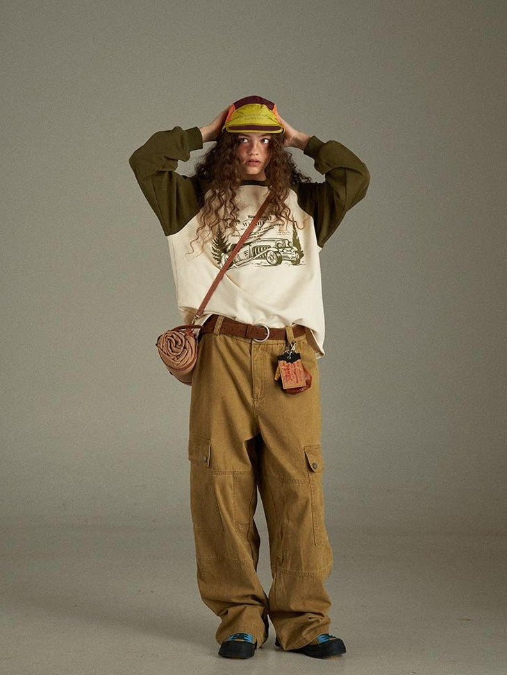 lulugray Vintage Washed Multi Pocket Cargo High Waist Women&