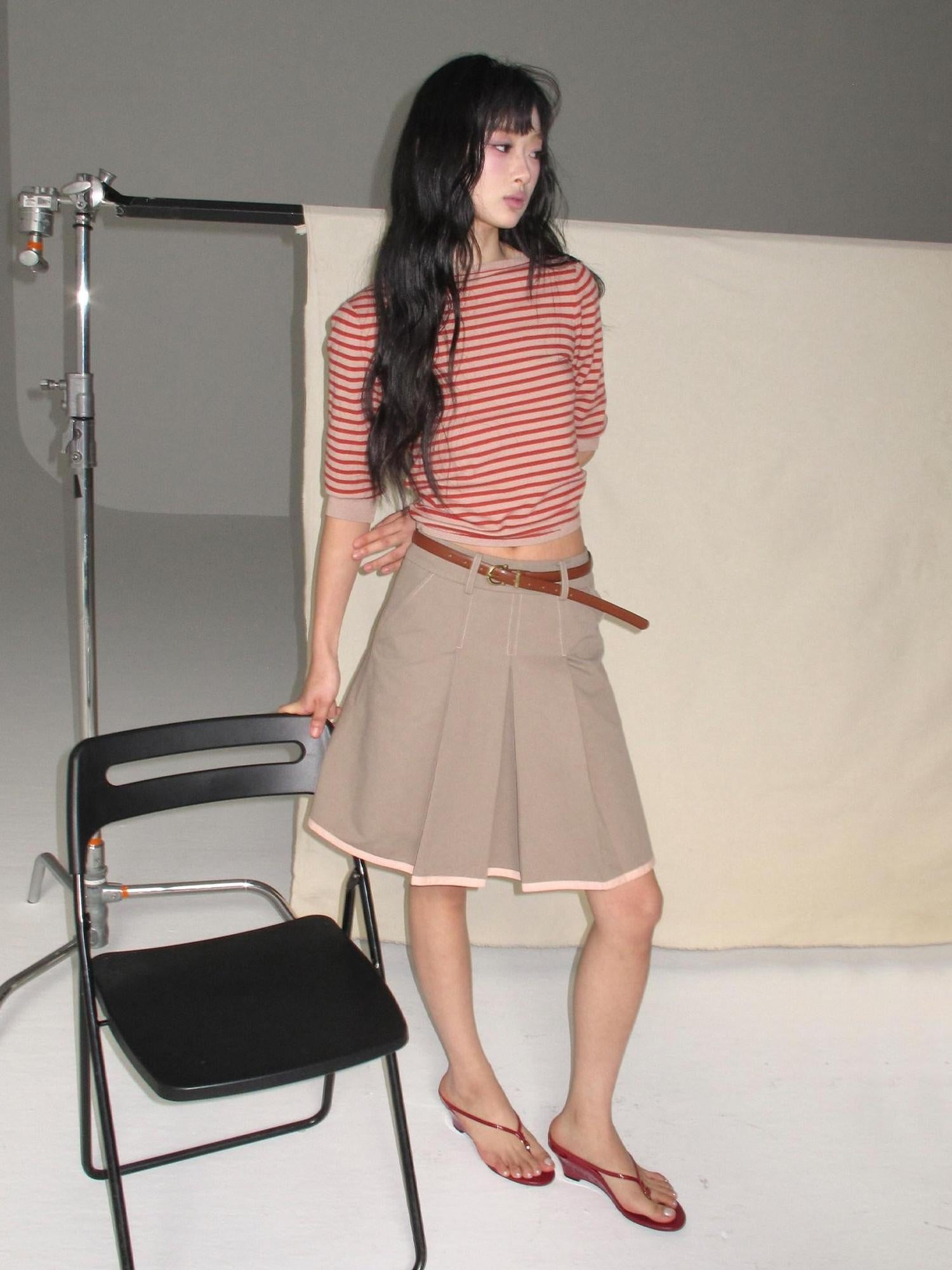 lvetong Backless Slim Street V-neck Cropped Red Stripe Women Short Sleeve T-Shirts