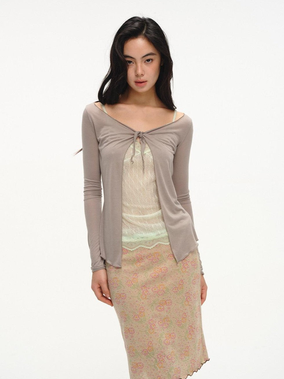 lvetong Beige Jacquard Floral Knit Rolled Edge Low Waist Women&