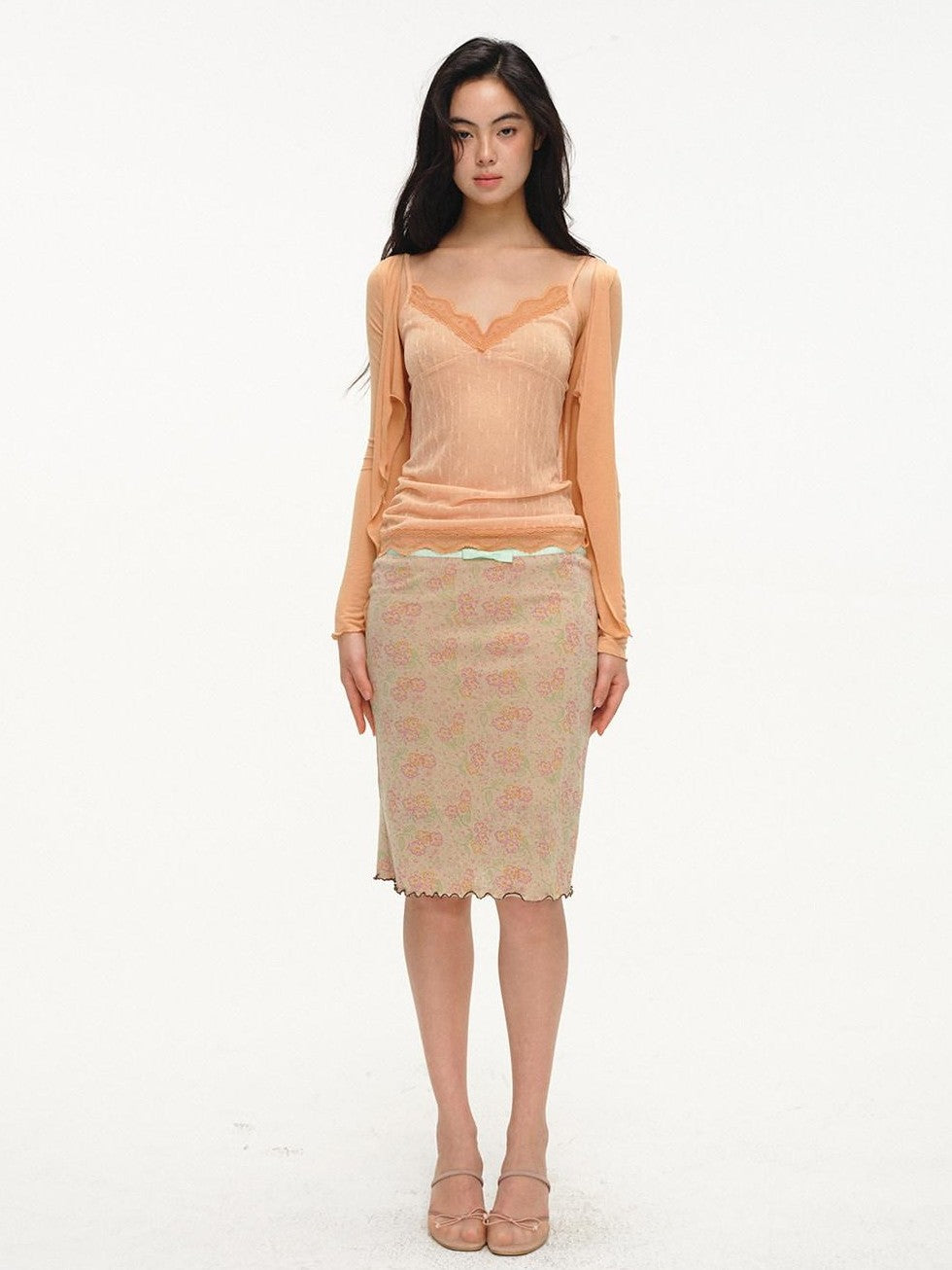 lvetong Beige Jacquard Floral Knit Rolled Edge Low Waist Women&