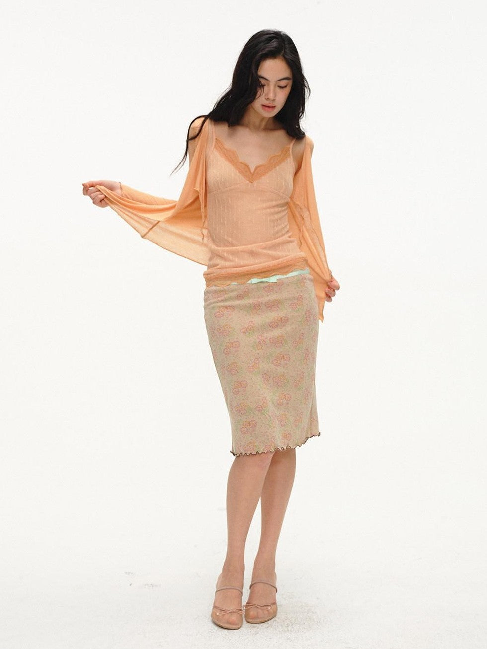 lvetong Beige Jacquard Floral Knit Rolled Edge Low Waist Women&