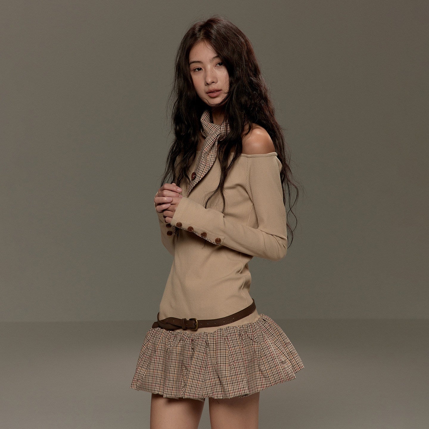 lvetong Beige Patchwork Bardot Long Sleeve Cinched Waist Slim Fit Casual Mini Dresses