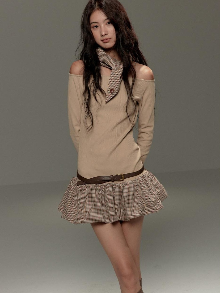 lvetong Beige Patchwork Bardot Long Sleeve Cinched Waist Slim Fit Casual Mini Dresses