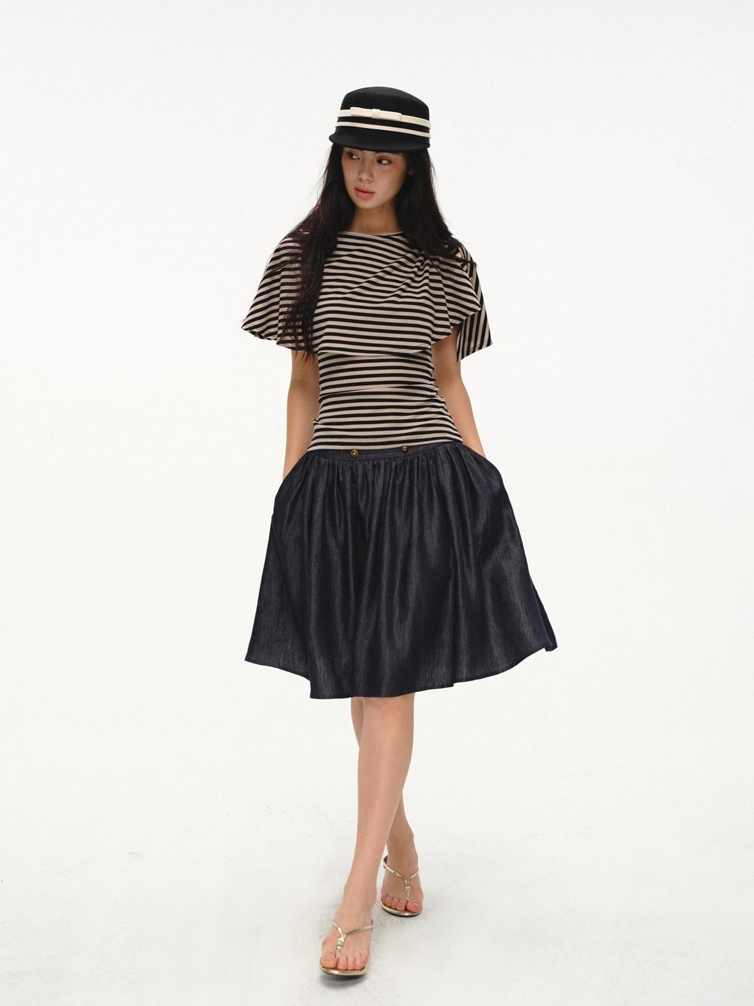 lvetong Black Striped Buttoned Shawl V-neck Slim Fit Women&
