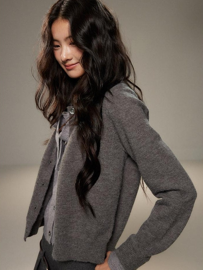 lvetong Bow Detail Faux Two Piece Loose Streetwear Button Front Knit Women Cardigans