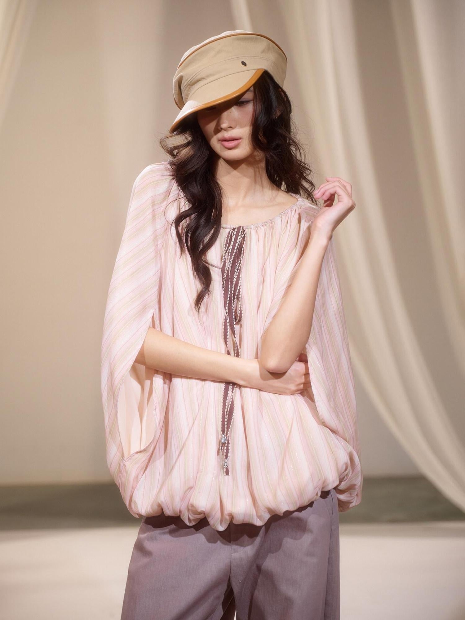 lvetong Breathable Polyester Striped Loose Streetwear Women Pink Long Sleeve T-Shirts