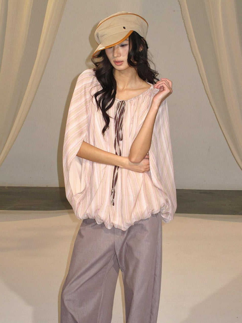 lvetong Breathable Polyester Striped Loose Streetwear Women Pink Long Sleeve T-Shirts