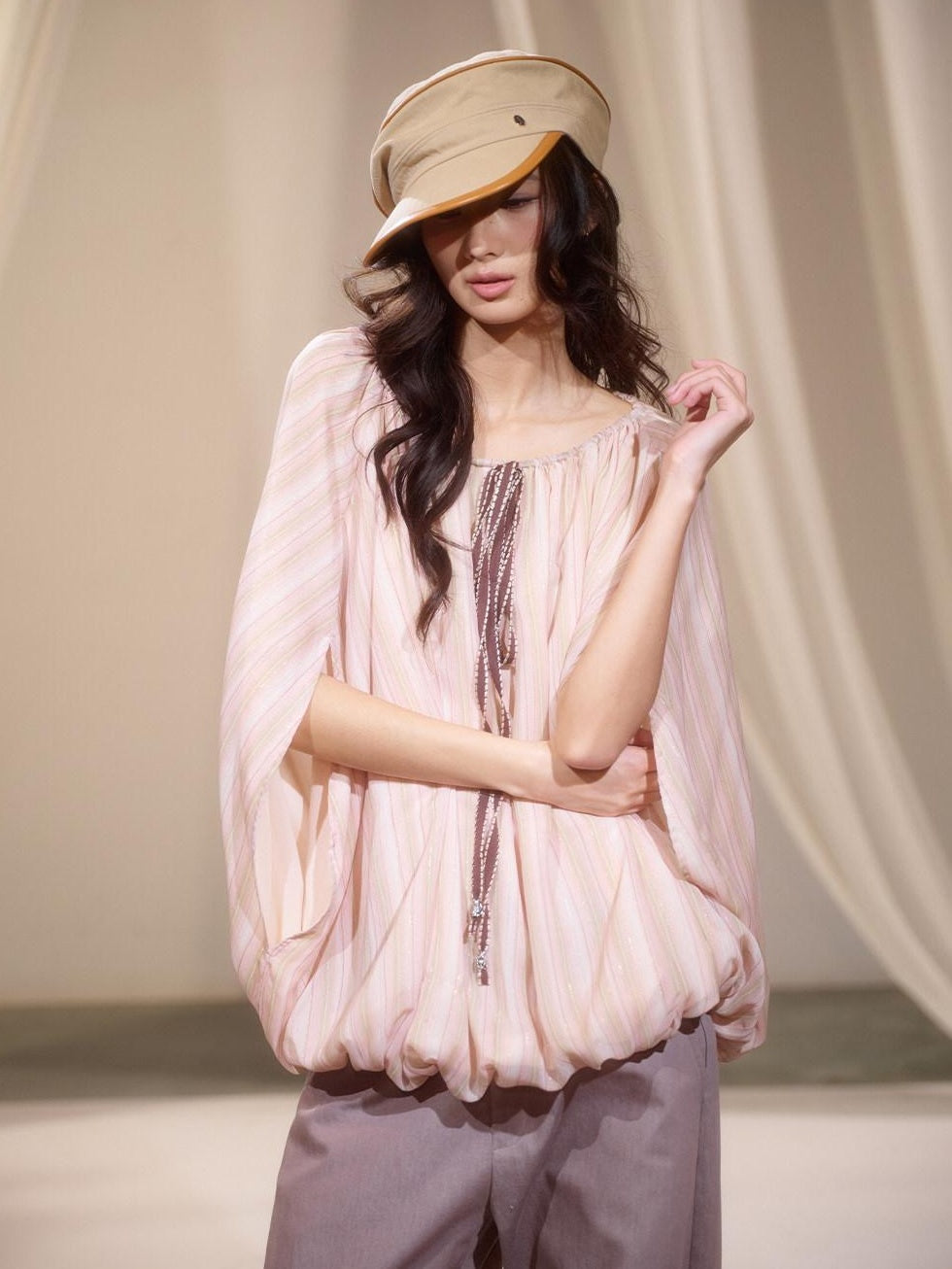 lvetong Breathable Polyester Striped Loose Streetwear Women Pink Long Sleeve T-Shirts