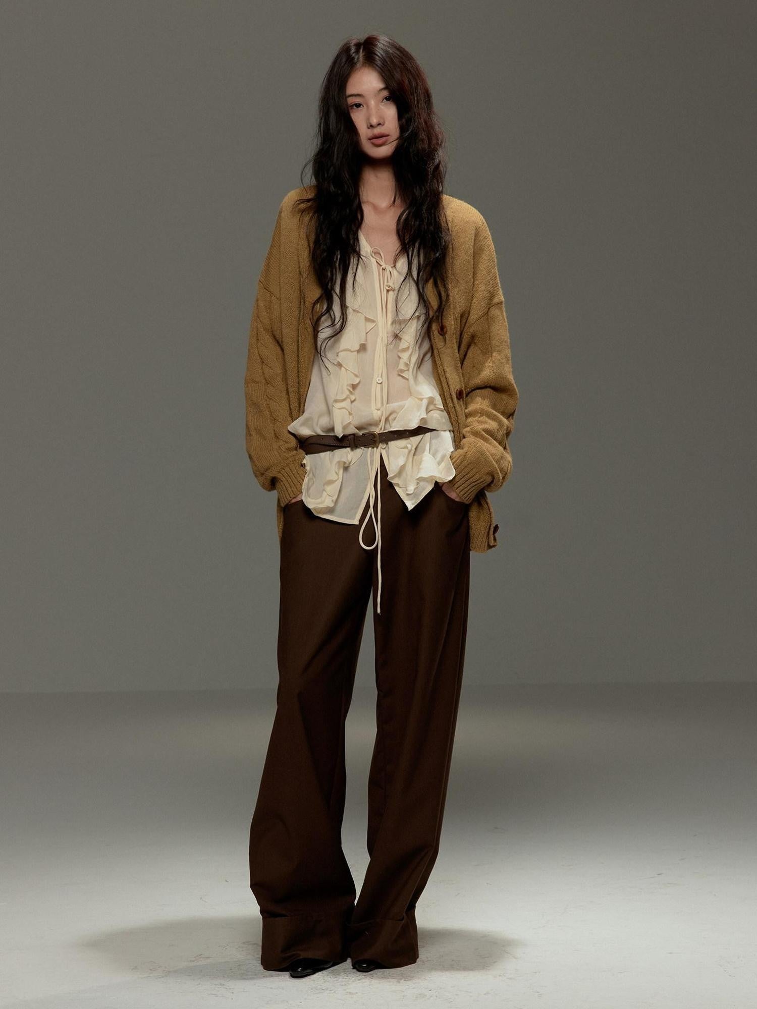 lvetong Brown Button Detail High Waist Wide Leg Women&