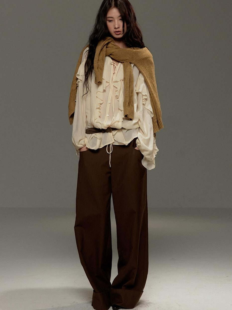 lvetong Brown Button Detail High Waist Wide Leg Women&