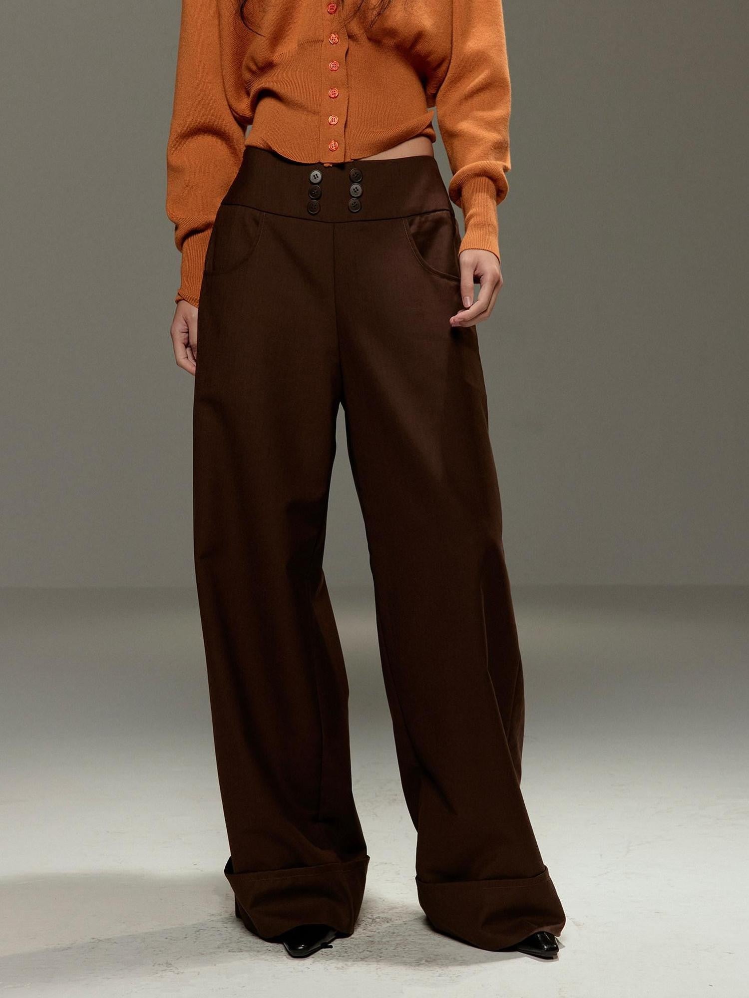 lvetong Brown Button Detail High Waist Wide Leg Women&