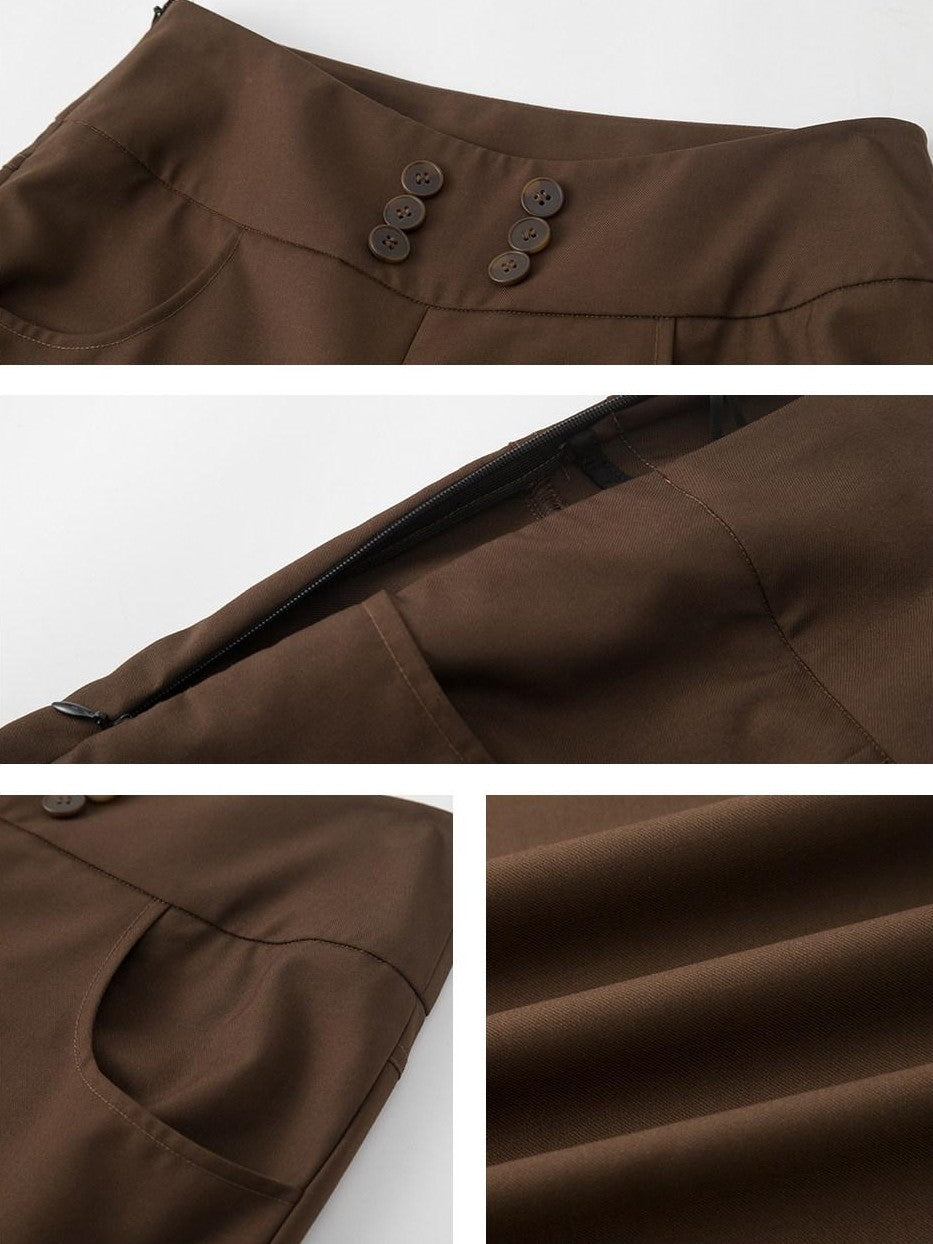 lvetong Brown Button Detail High Waist Wide Leg Women&