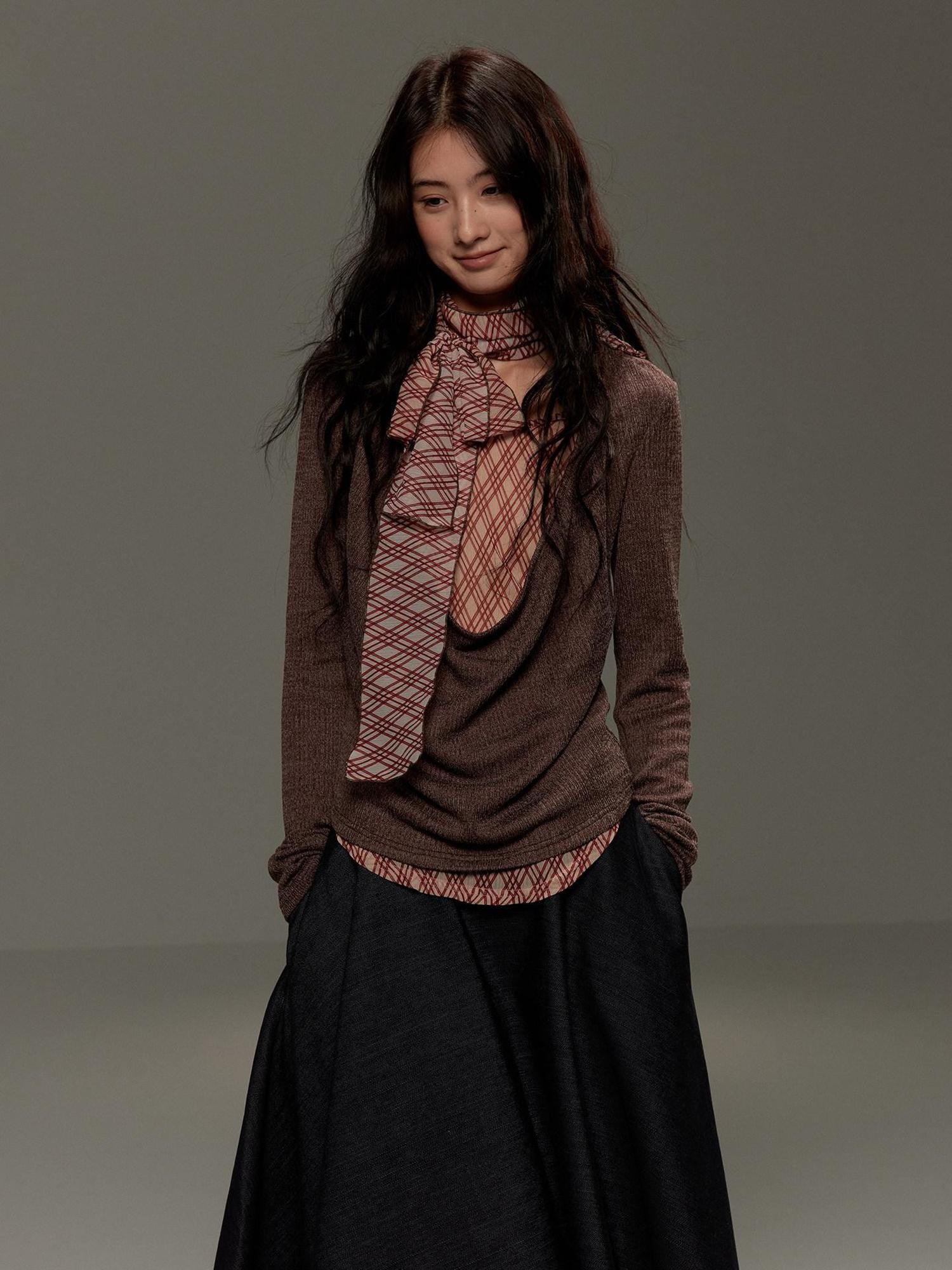 lvetong Brown Plaid Bow Tie Patchwork Layered Draped Collar Women&