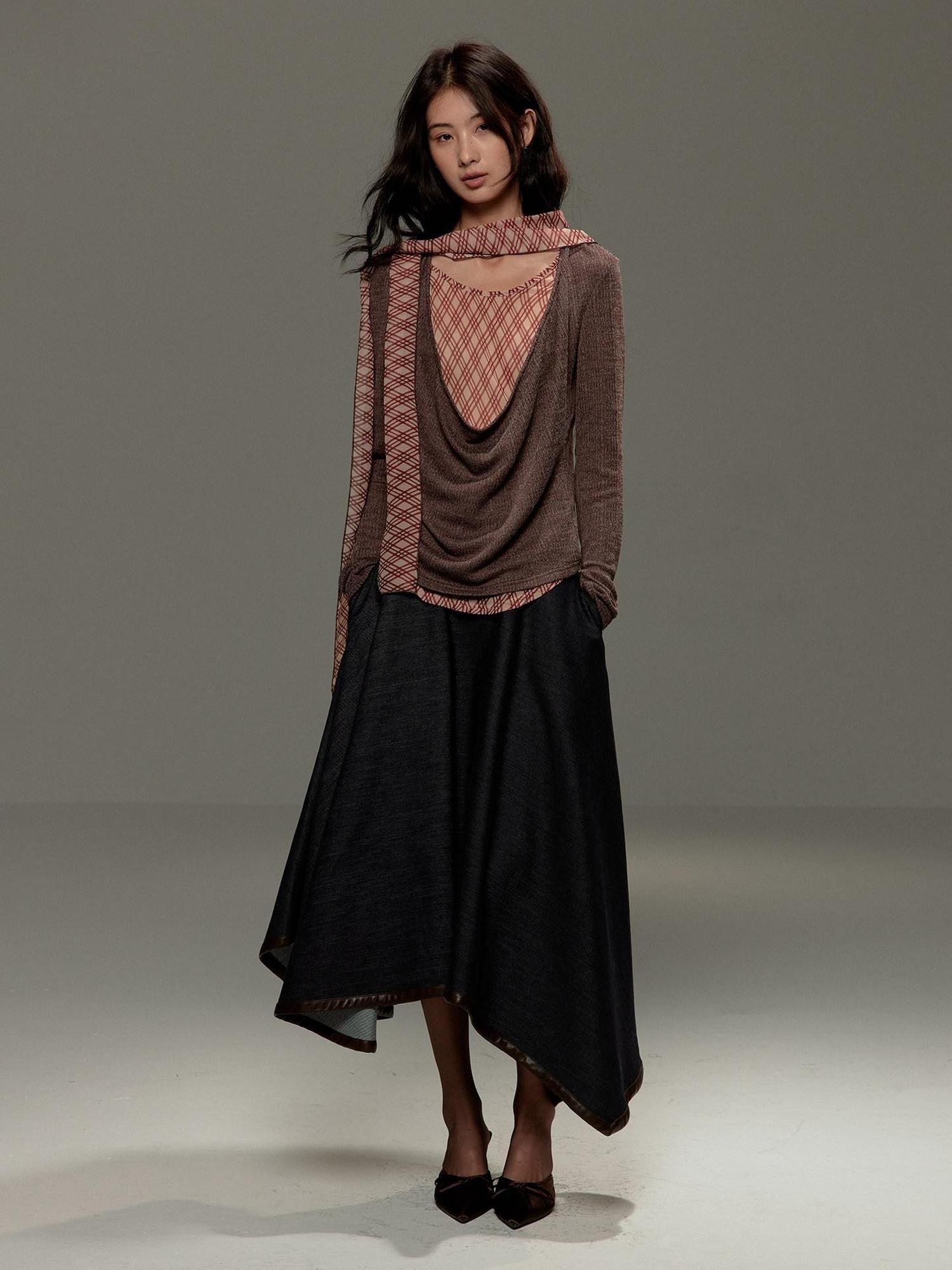 lvetong Brown Plaid Bow Tie Patchwork Layered Draped Collar Women&