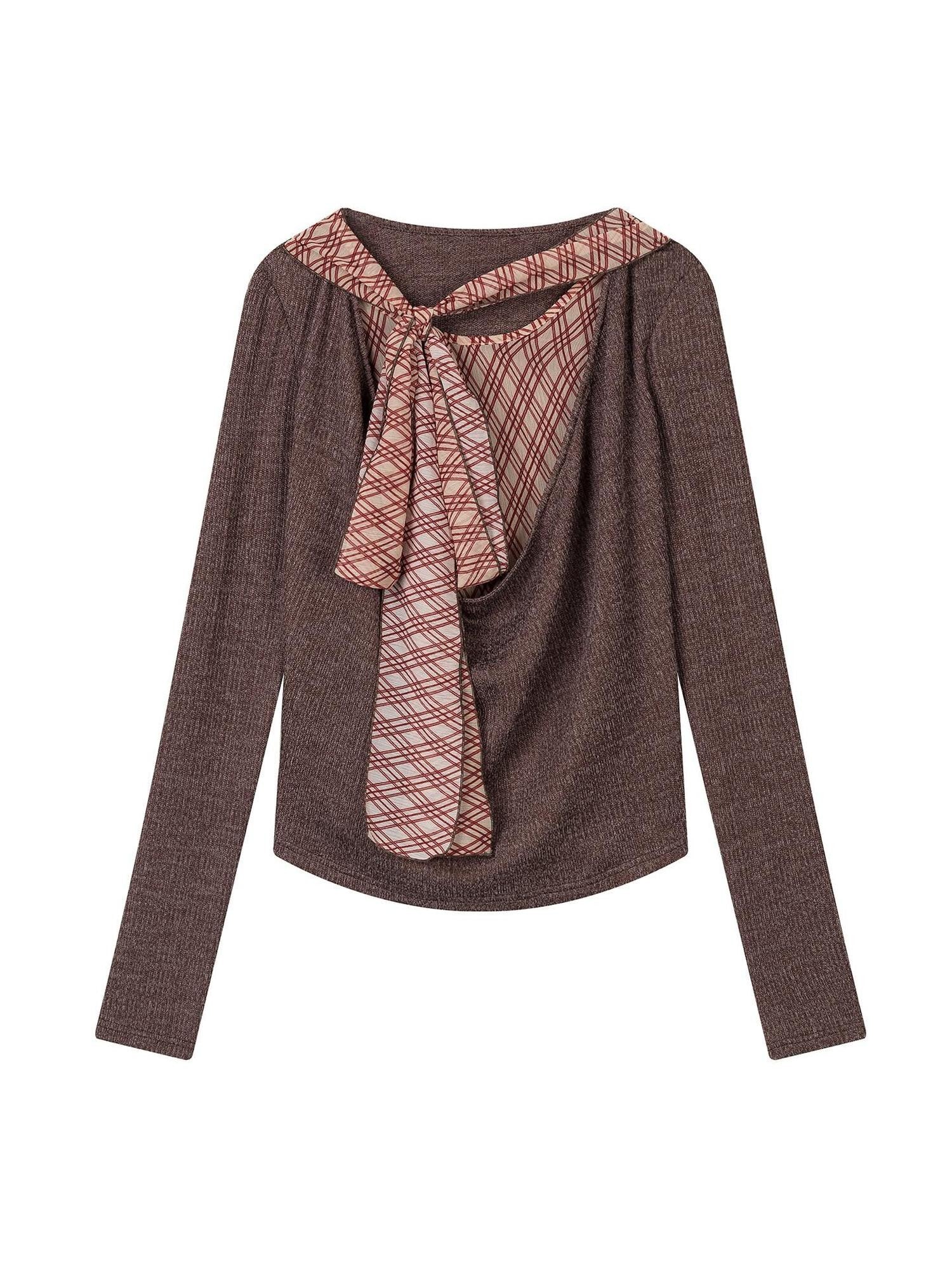 lvetong Brown Plaid Bow Tie Patchwork Layered Draped Collar Women&