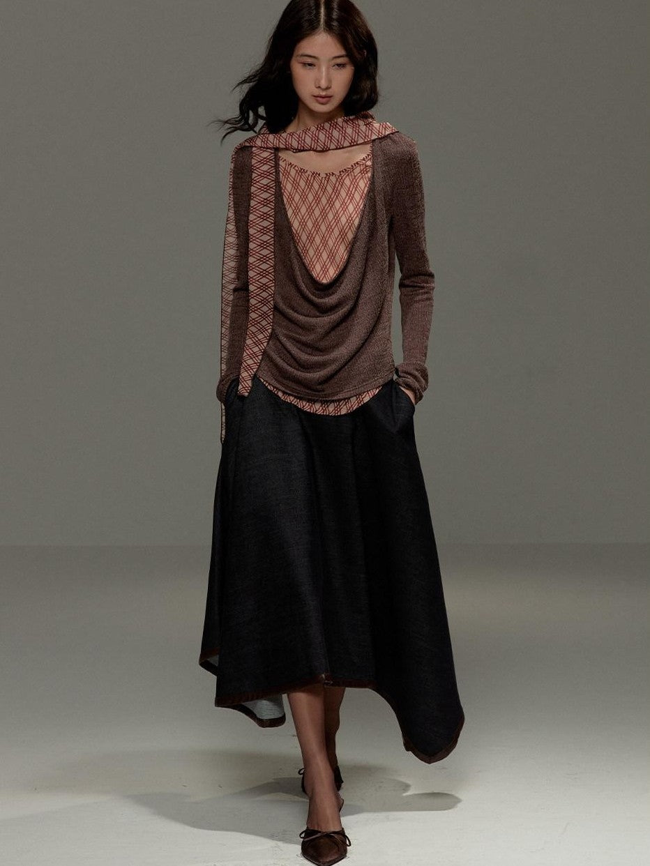 lvetong Brown Plaid Bow Tie Patchwork Layered Draped Collar Women&