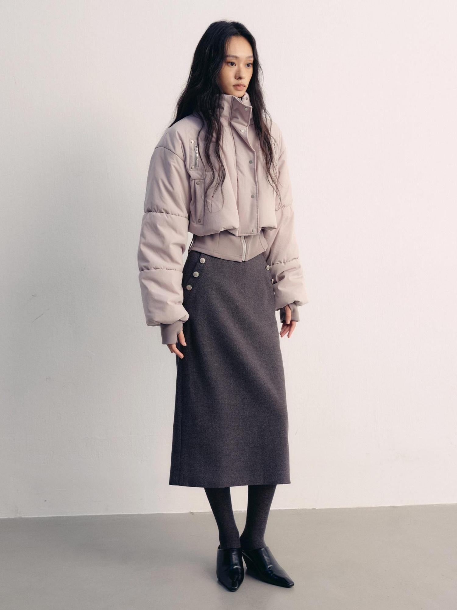 lvetong Button High Waist A Line Street Sport Back Slit Women Gray Midi Skirts