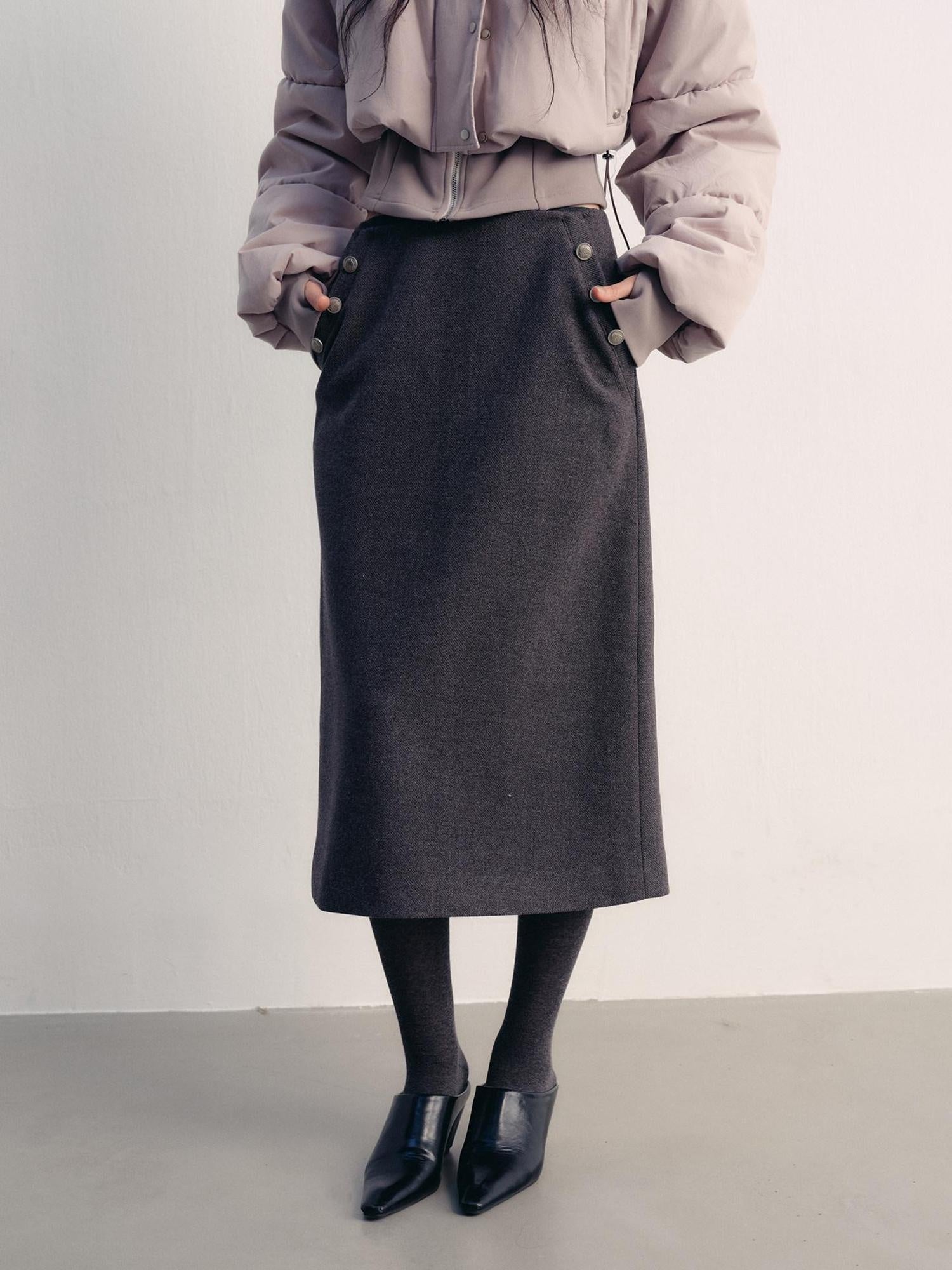 lvetong Button High Waist A Line Street Sport Back Slit Women Gray Midi Skirts