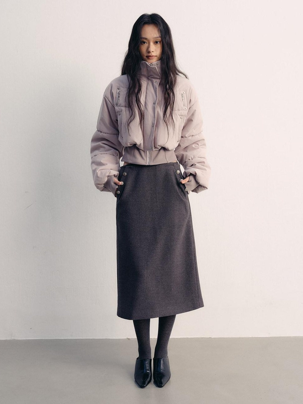 lvetong Button High Waist A Line Street Sport Back Slit Women Gray Midi Skirts