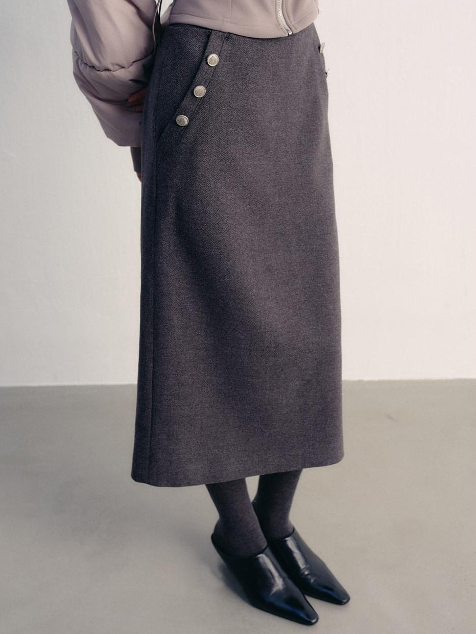 lvetong Button High Waist A Line Street Sport Back Slit Women Gray Midi Skirts
