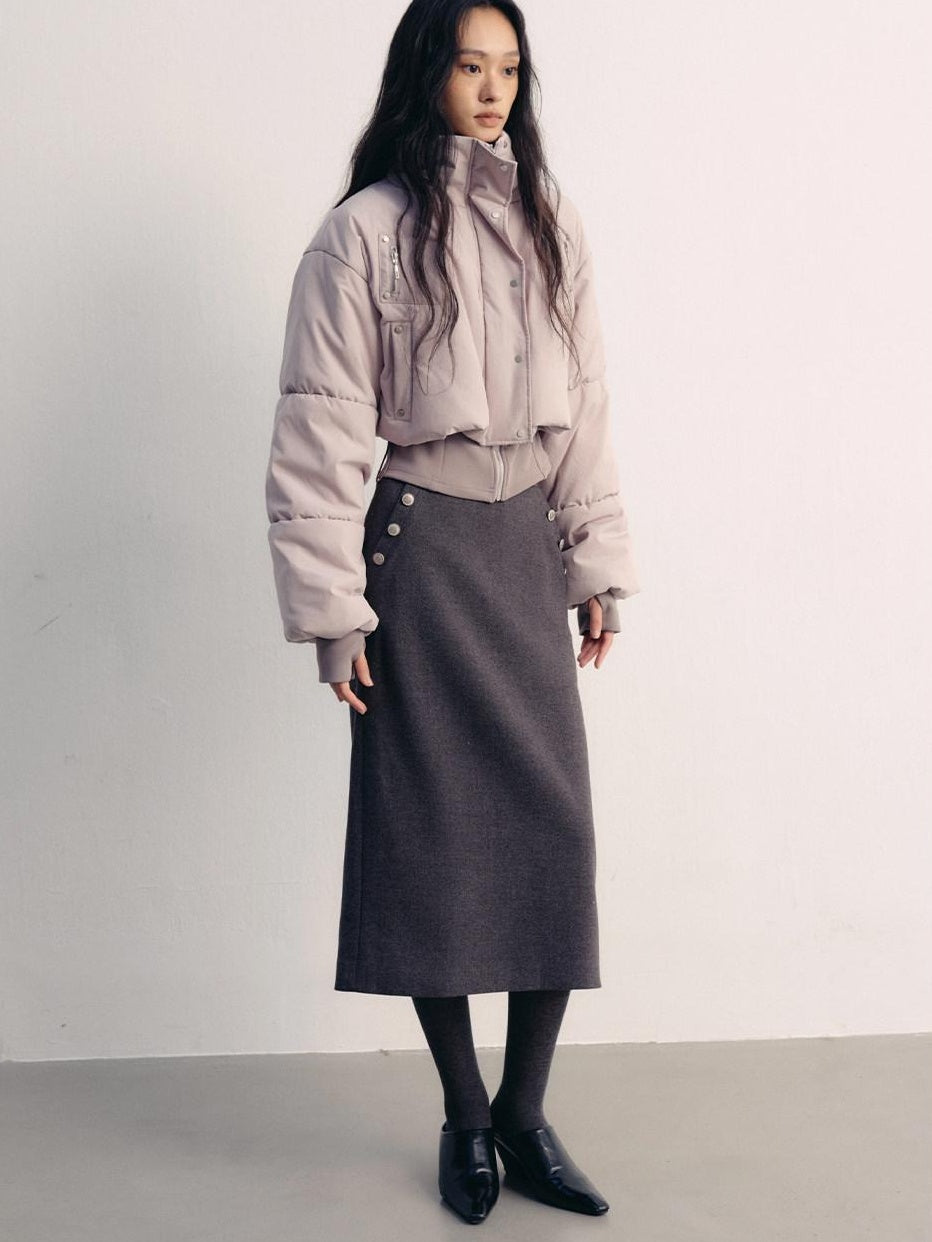 lvetong Button High Waist A Line Street Sport Back Slit Women Gray Midi Skirts