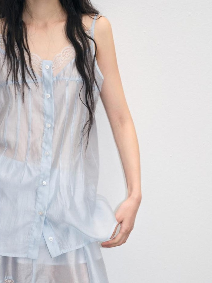 lvetong Ensemble deux pièces chic pour jeune femme : débardeur bleu à col V avec boutons et jupe.