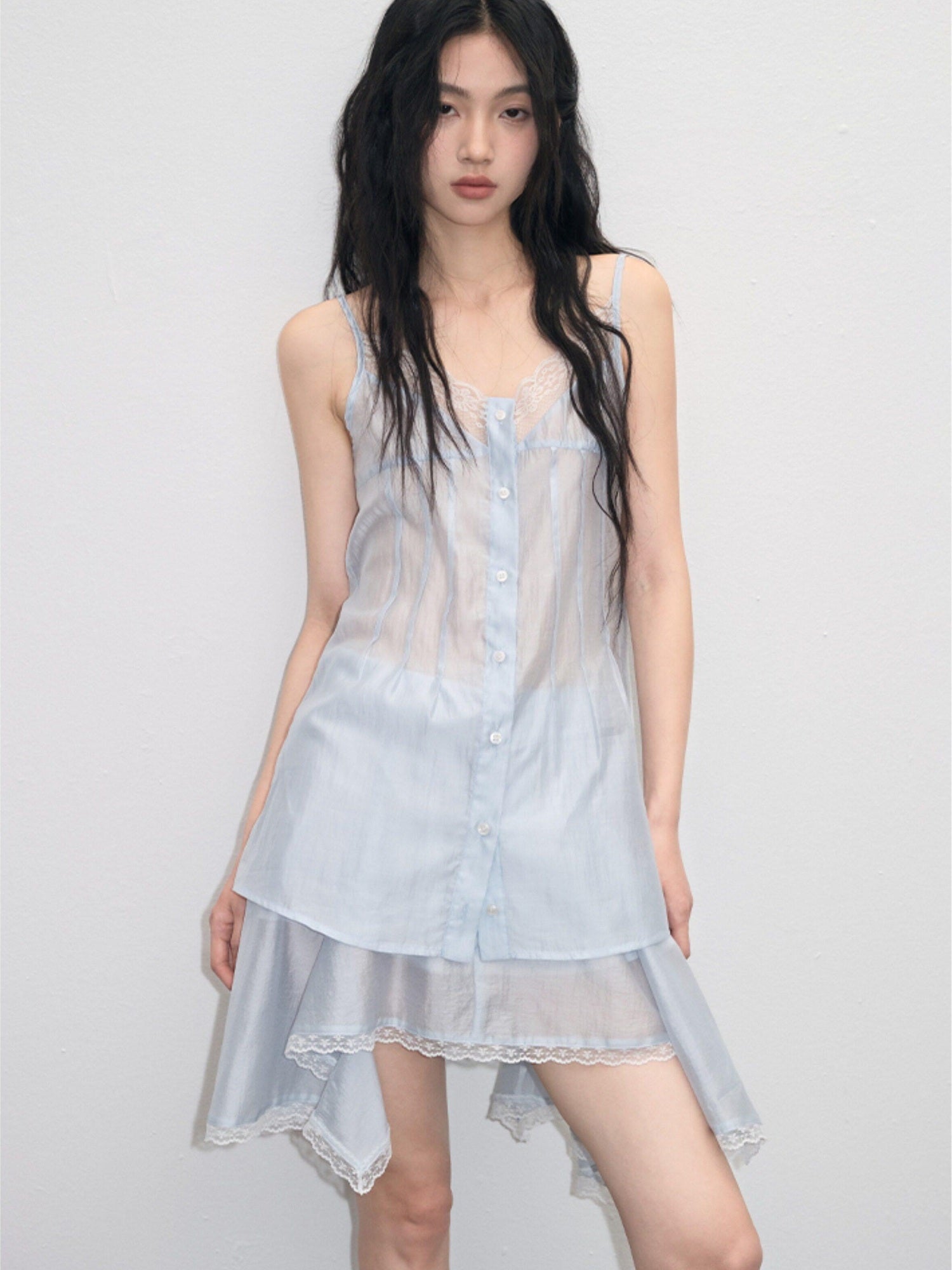 lvetong Ensemble deux pièces chic pour jeune femme : débardeur bleu à col V avec boutons et jupe.