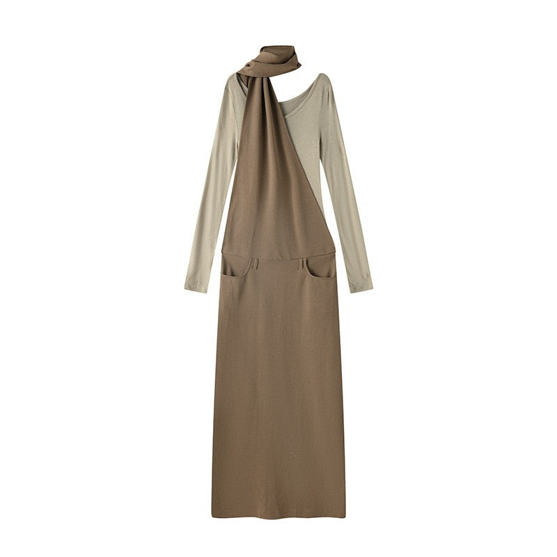 lvetong Cinched Waist Halter Neck Faux Layered Wasteland Long Sleeve Casual Maxi Dresses