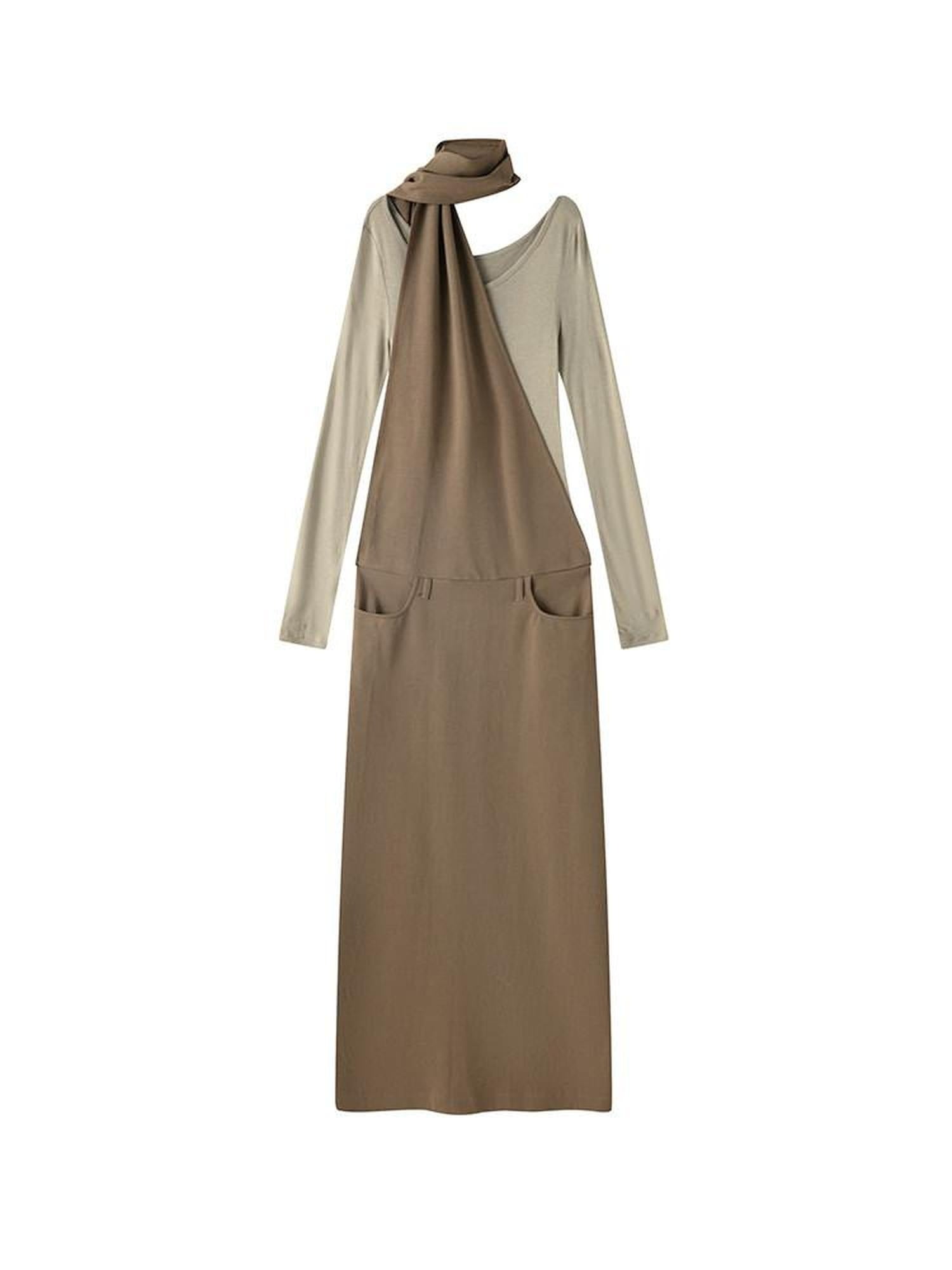 lvetong Cinched Waist Halter Neck Faux Layered Wasteland Long Sleeve Casual Maxi Dresses