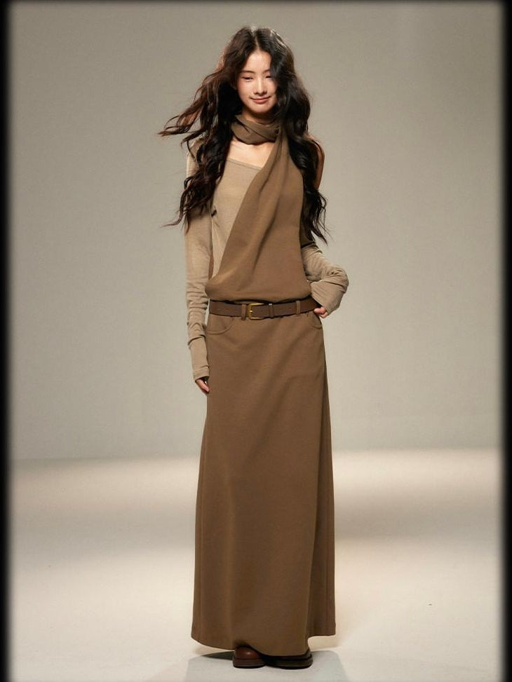 lvetong Cinched Waist Halter Neck Faux Layered Wasteland Long Sleeve Casual Maxi Dresses