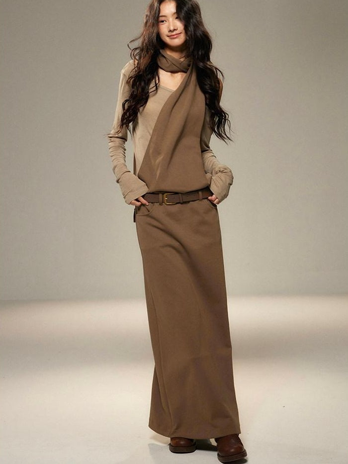 lvetong Cinched Waist Halter Neck Faux Layered Wasteland Long Sleeve Casual Maxi Dresses