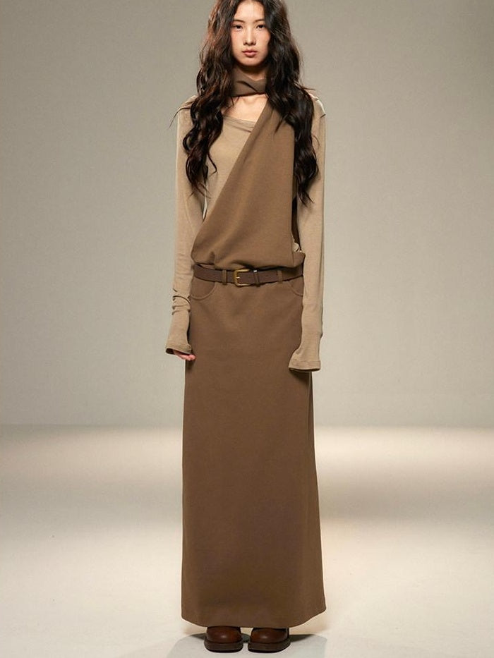 lvetong Cinched Waist Halter Neck Faux Layered Wasteland Long Sleeve Casual Maxi Dresses
