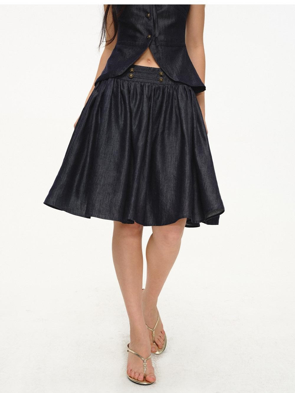 lvetong Cinched Waist V-neck Sleeveless Vest Puff Skirt Women&