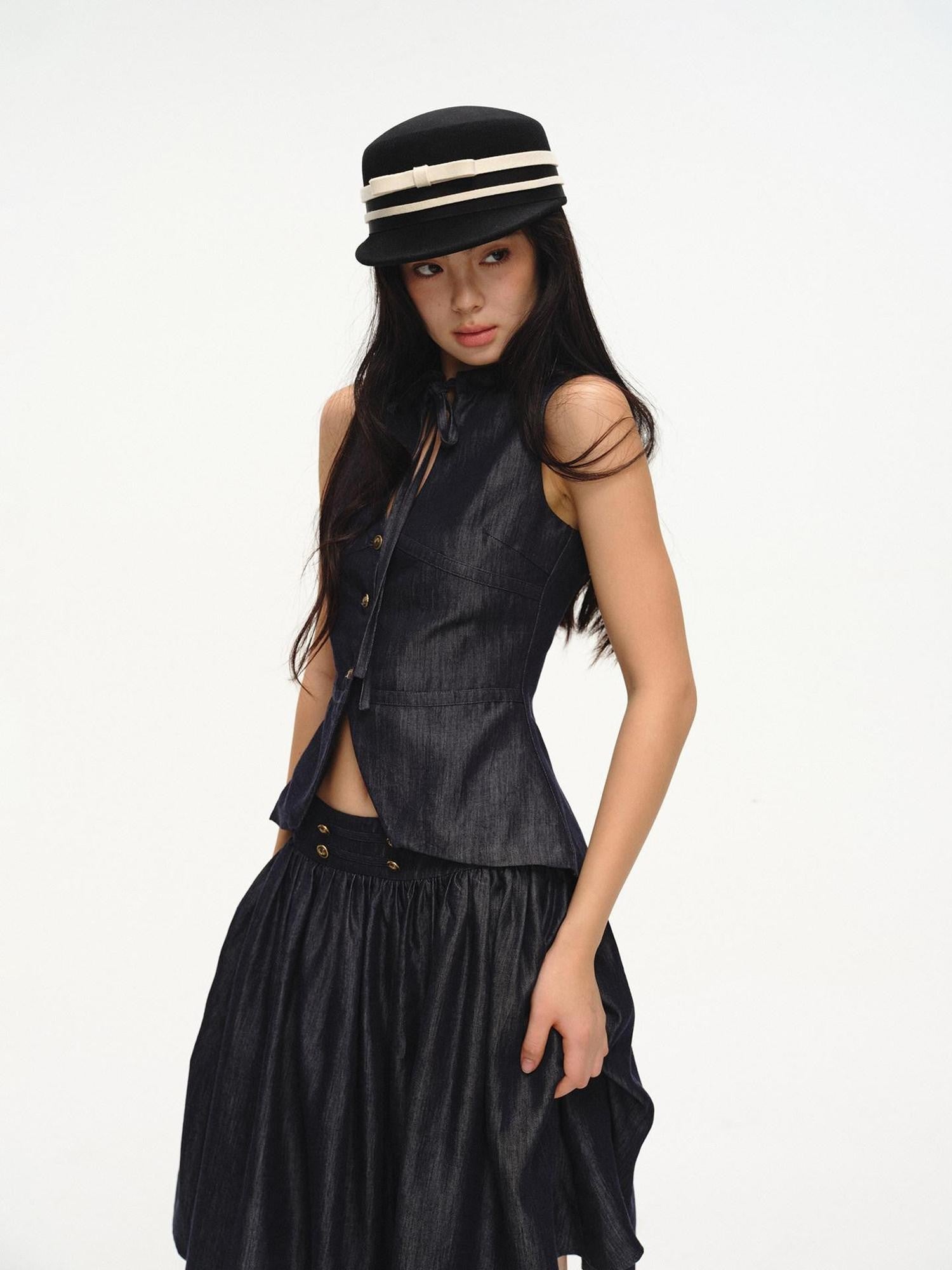 lvetong Cinched Waist V-neck Sleeveless Vest Puff Skirt Women&
