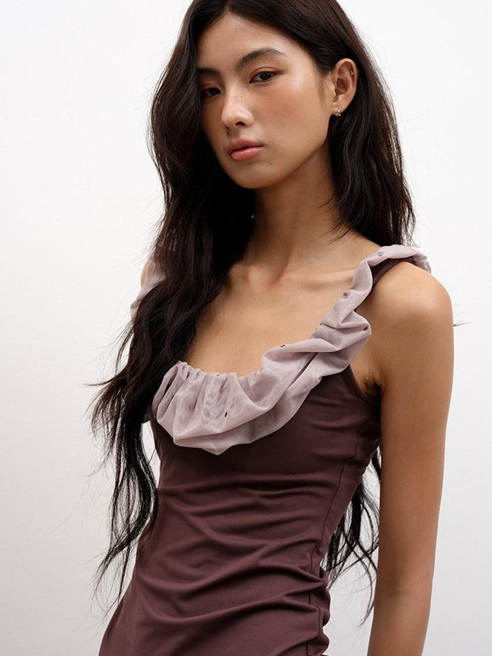 lvetong Coffee Ruffle Contrast Round Neck Sleeveless Slim Fit Women&