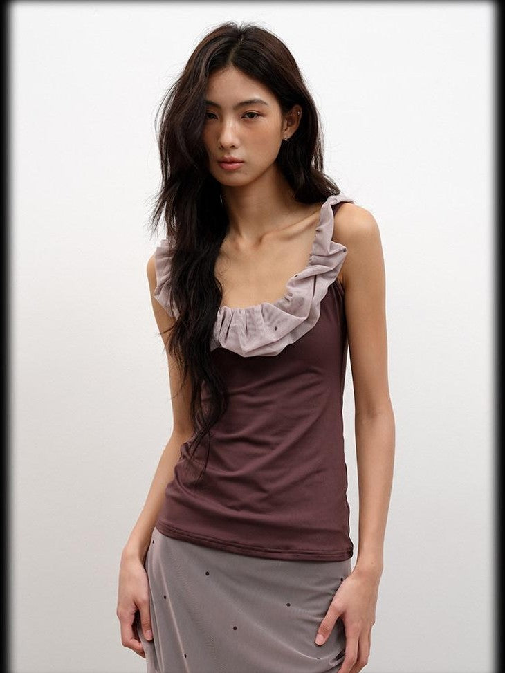 lvetong Coffee Ruffle Contrast Round Neck Sleeveless Slim Fit Women&