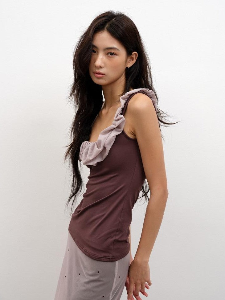 lvetong Coffee Ruffle Contrast Round Neck Sleeveless Slim Fit Women&