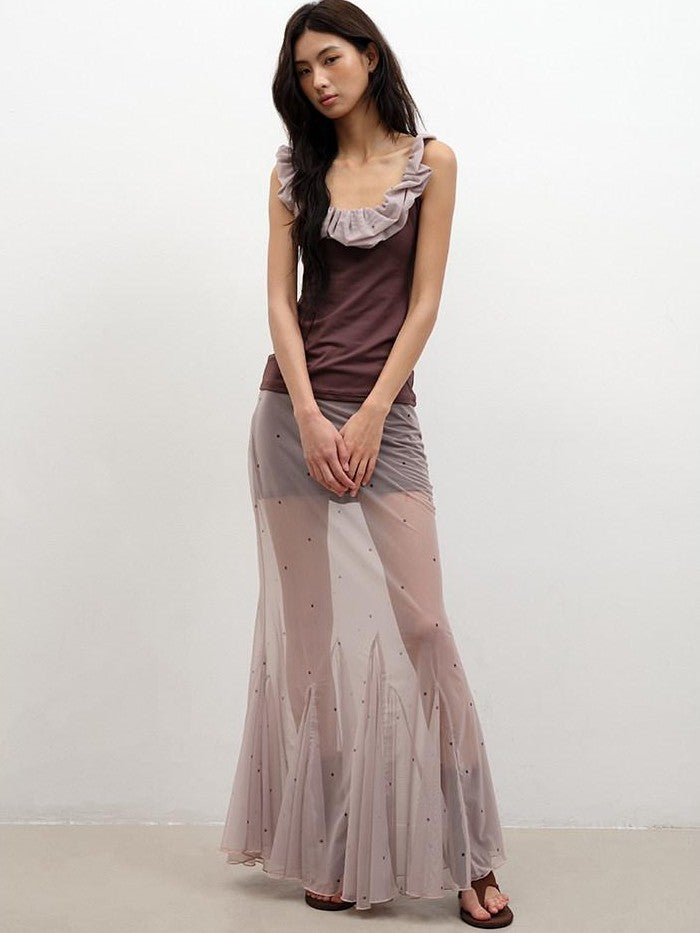 lvetong Coffee Ruffle Contrast Round Neck Sleeveless Slim Fit Women&