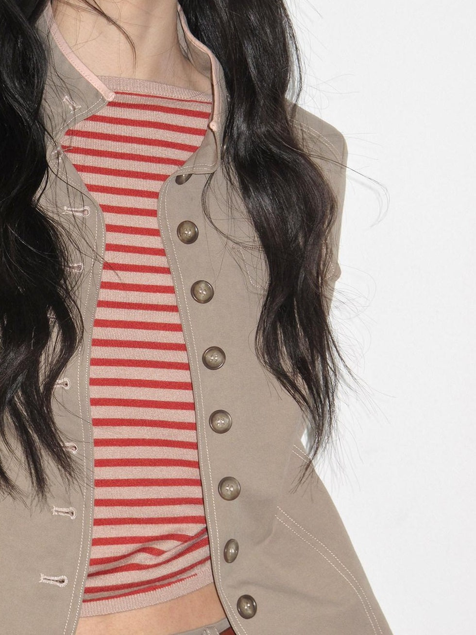 lvetong Contrast Striped Slim Street Stand Collar Button Khaki Top & Skirt Sets