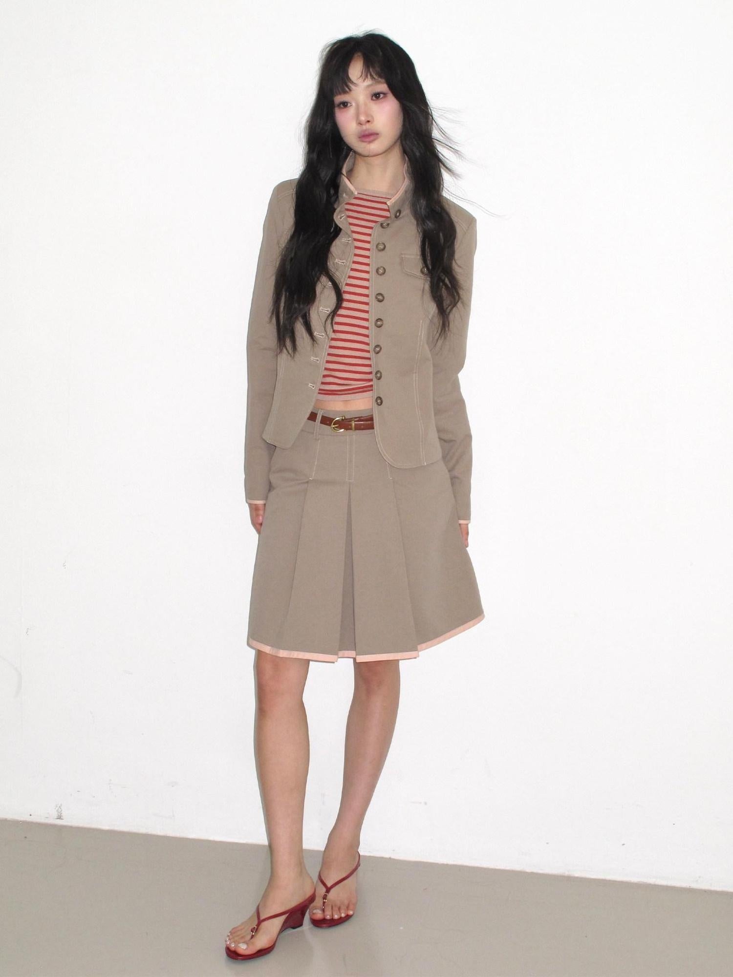 lvetong Contrast Striped Slim Street Stand Collar Button Khaki Top & Skirt Sets