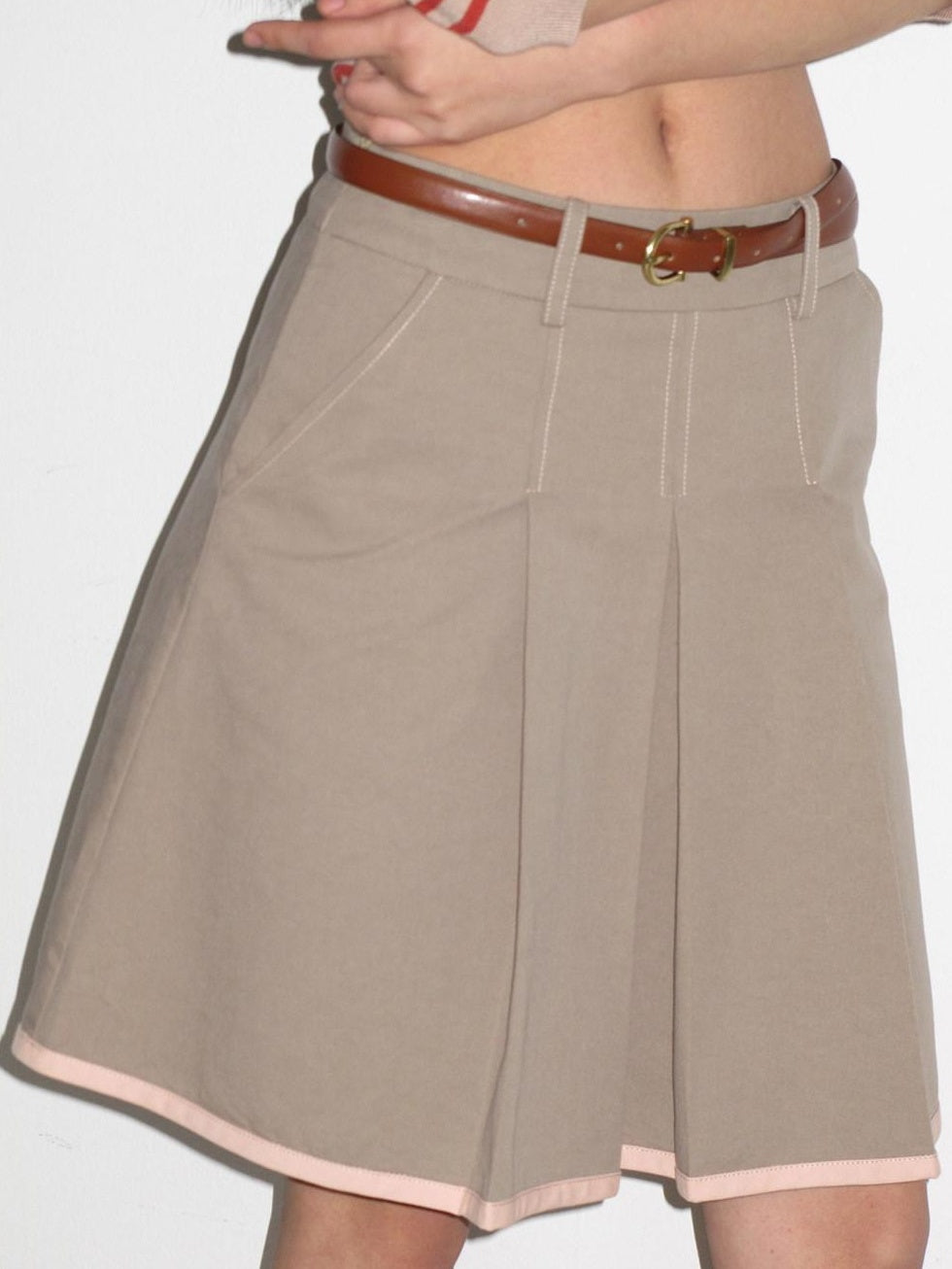 lvetong Contrast Striped Slim Street Stand Collar Button Khaki Top & Skirt Sets