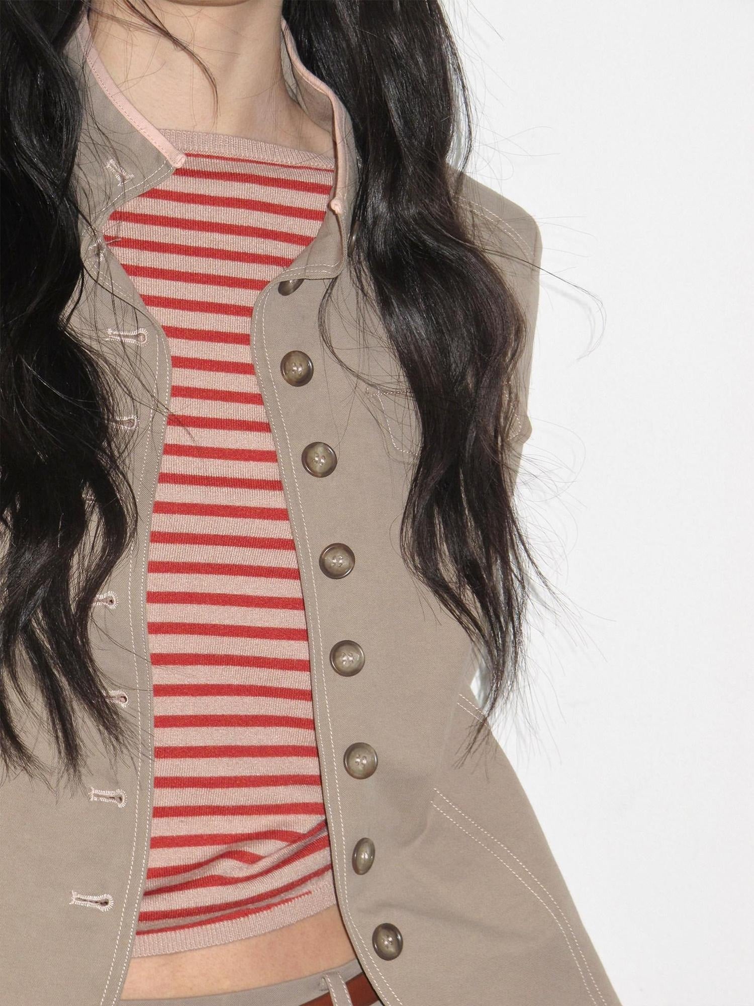 lvetong Contrast Striped Slim Street Stand Collar Button Khaki Top & Skirt Sets